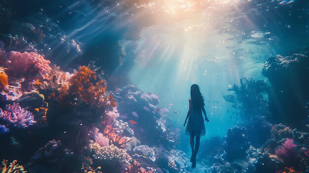 a woman swims under a coral reef with the sun shining through the water