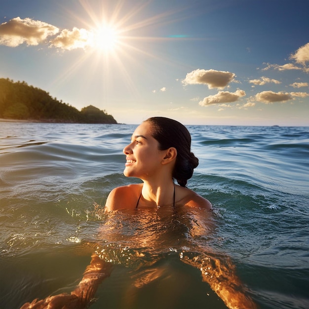 a woman swims in the ocean with the sun shining behind her