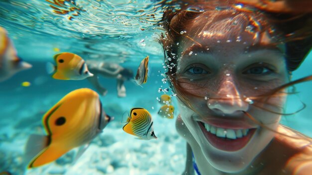 Photo a woman swims under water with fish and a smile