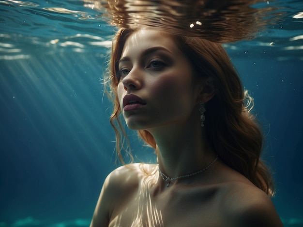 a woman swims under water with a necklace of hair