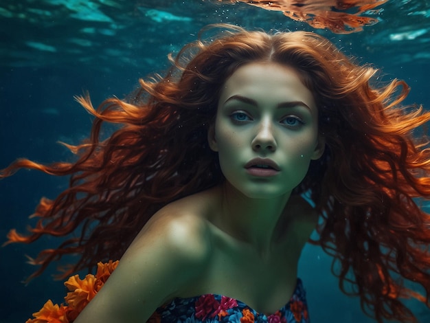 a woman in a swimsuit under water with a red hair