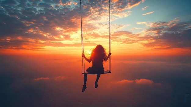 Photo woman on a swing at sunset