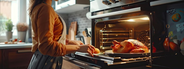 Photo the woman takes the chicken out of the oven selective focus