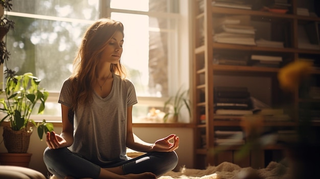 Woman takes a mindful meditation break in her home office bathed in natural light