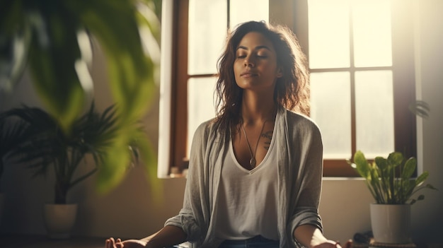 Woman takes a mindful meditation break in her home office bathed in natural light