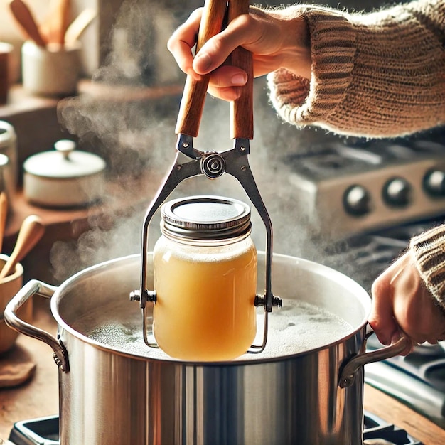 A woman takes out a tin of yellow jam from a water bath dandelion jam from an enamel pan