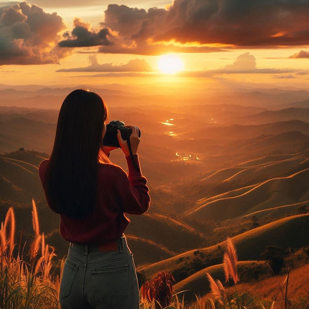 Photo a woman takes a photo of a sunset over a mountain with a camera