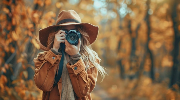 Photo a woman takes a photo with a camera