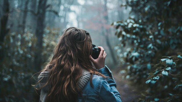 Photo a woman takes a photo in the woods with a camera