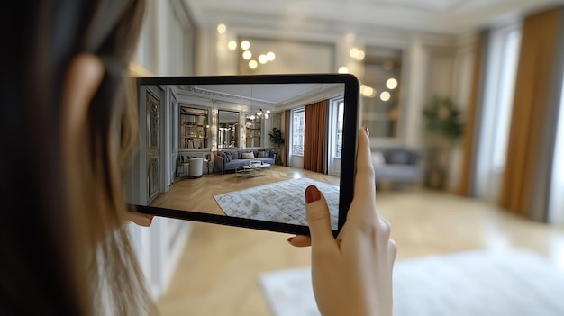 Photo woman takes photograph of large renovated home interior property owner or estate age generative ai