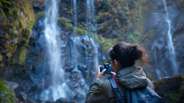 Photo a woman takes a picture of a waterfall with a camera