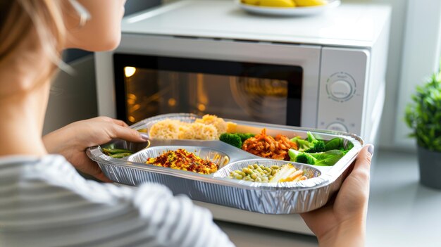 Photo a woman takes a prepared meal out of a microwave in a kitchen