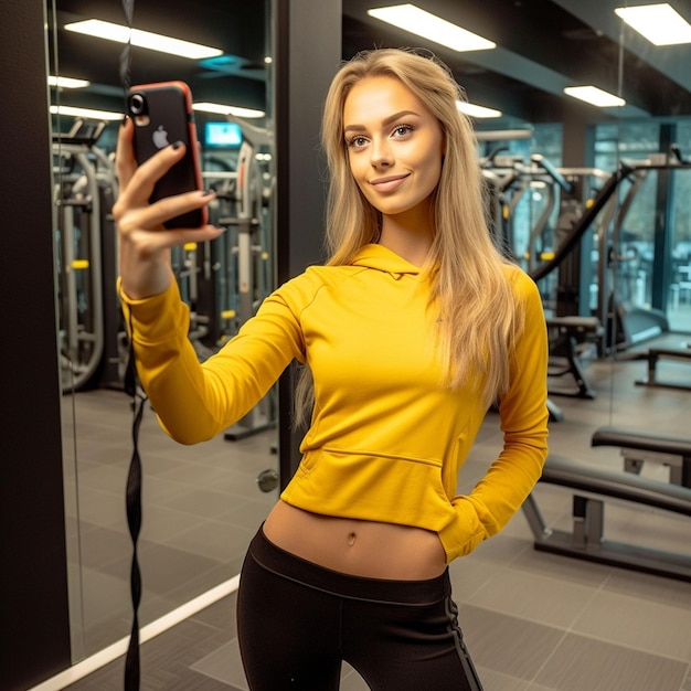 Photo woman takes selfie in modern gym after workout