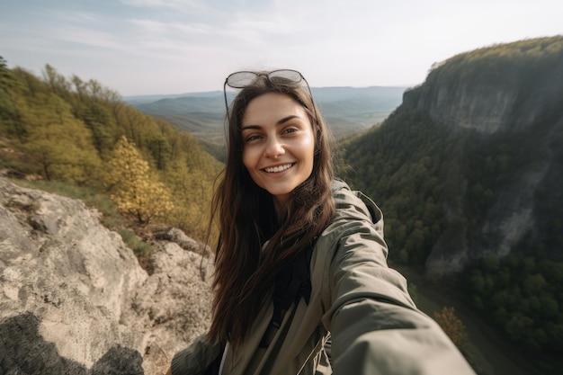 A woman takes a selfie in a mountain