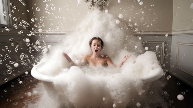 Woman taking a bubble bath with foam floating around