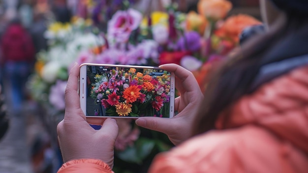 a woman taking a photo of flowers with a phone that says quot flowers quot