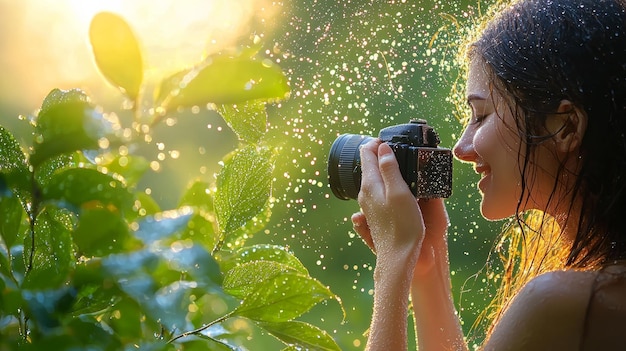 Woman Taking Photo in the Rain with Camera