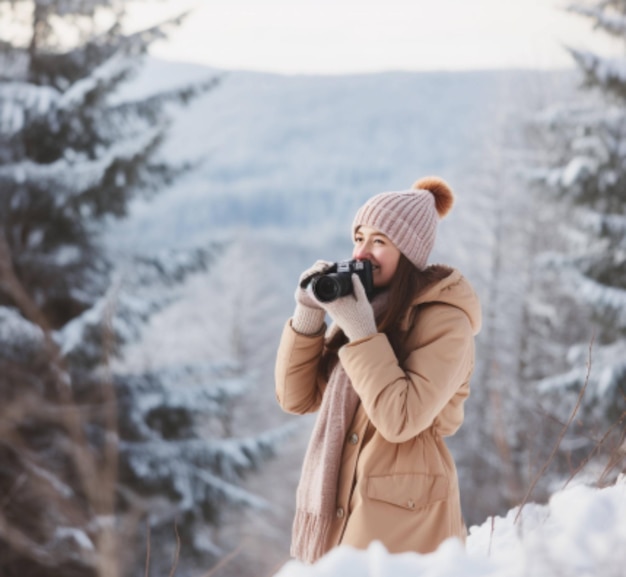 A woman taking a photo in the snow