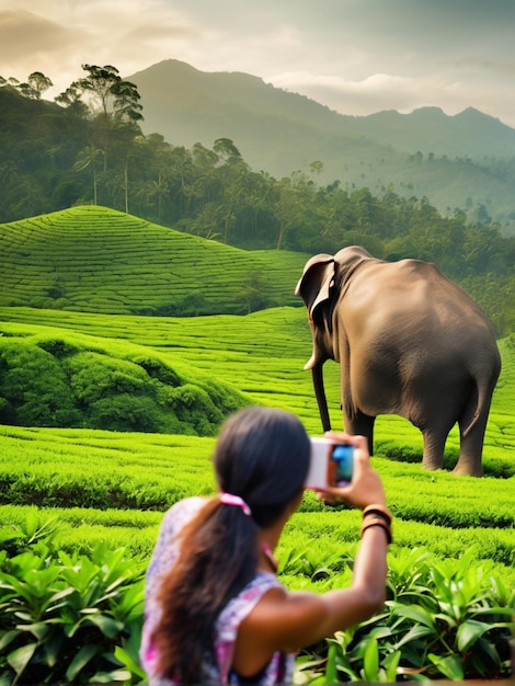 Photo a woman taking a picture of an elephant in a tea plantation