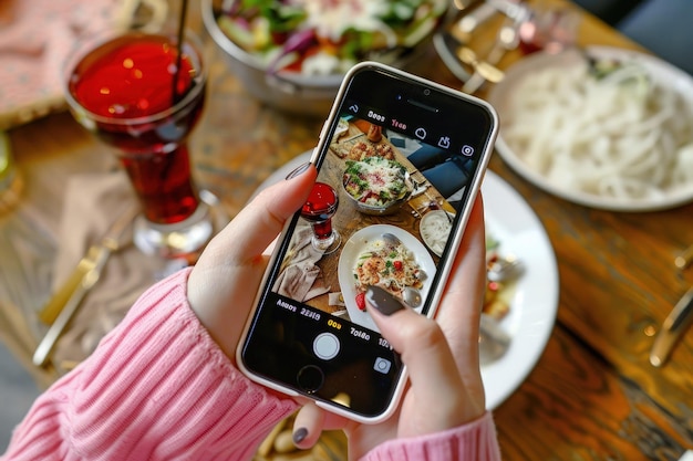 A woman taking a picture of food on her phone