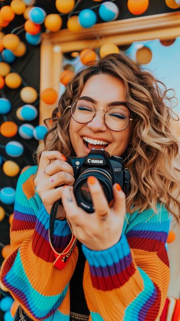 Photo a woman taking a picture of herself with a camera in front of a wall of balloons generative ai