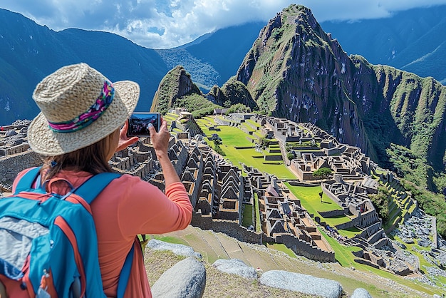 Photo a woman taking a picture of a mountain with a camera