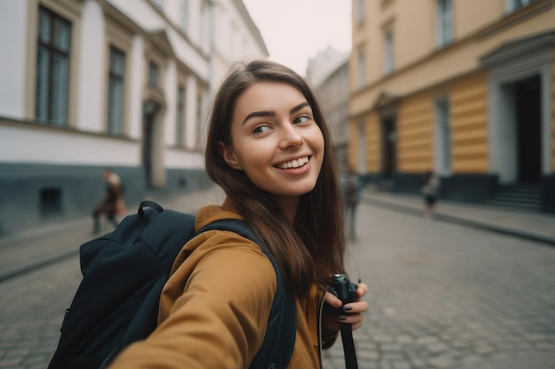 A woman taking a selfie on a street