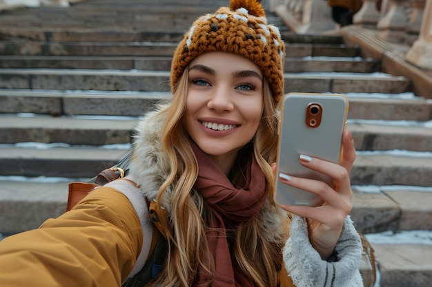 Photo a woman taking a selfie with her cell phone