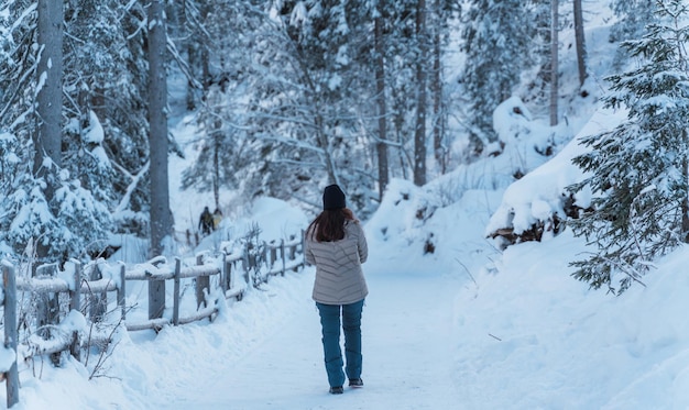 Woman taking a walk in the middle of a snow-filled forest