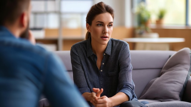 Woman talking to man on couch