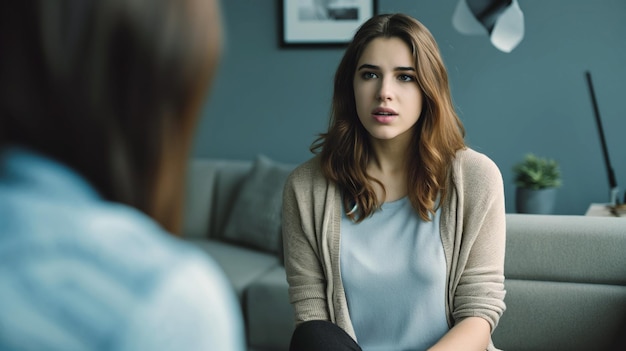 Woman talking to man on couch