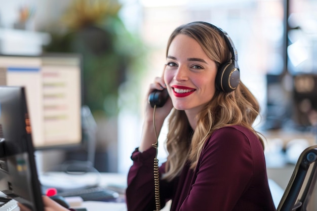 Photo a woman talking on a phone with a red lipstick