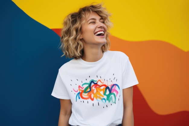 A woman talking to someone laughing tshirt smile