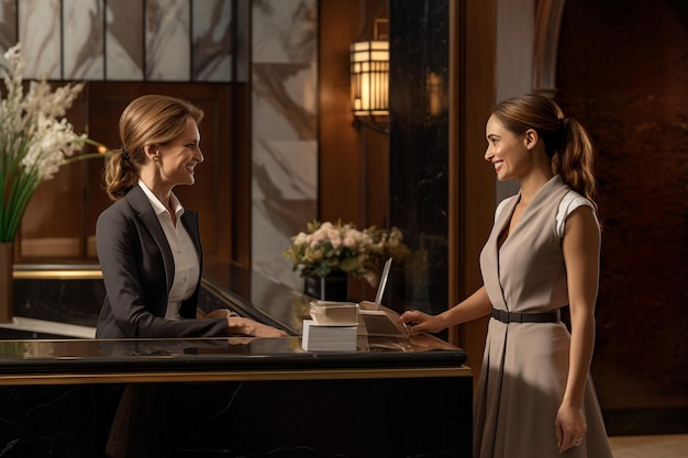 woman talking with a hotel receptionist in the lobby