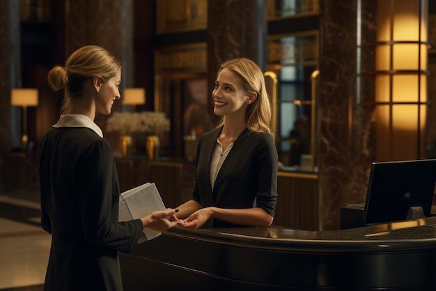 woman talking with a hotel receptionist in the lobby