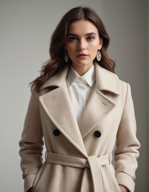 Photo a woman in a tan coat is standing in front of a white wall