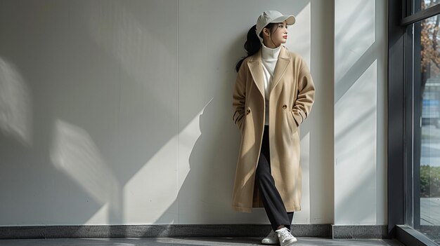 a woman in a tan coat stands against a white wall