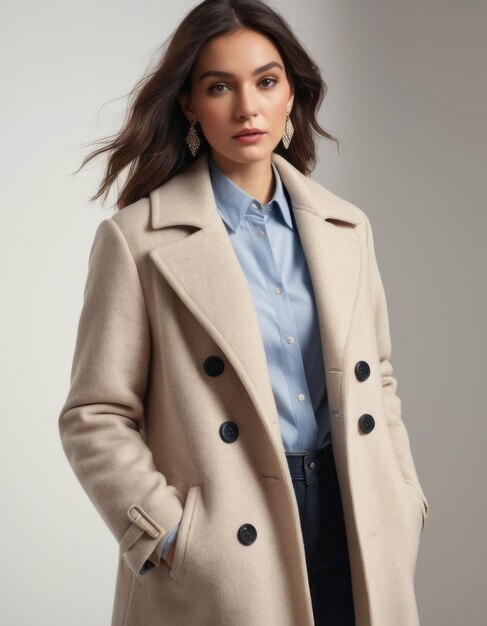 Photo a woman in a tan coat stands in front of a white wall