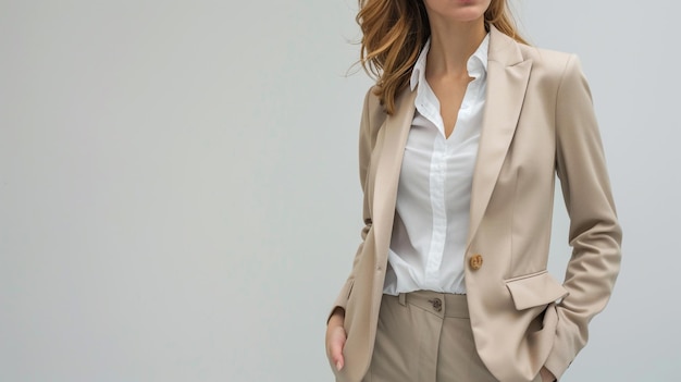 Photo a woman in a tan suit is standing in front of a white wall