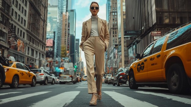 a woman in a tan suit walks down a street with a yellow taxi