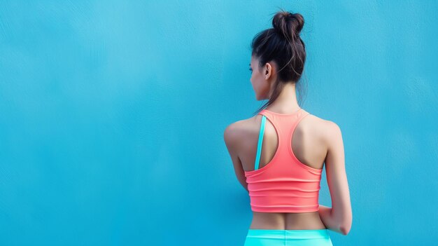 a woman in a tank top and shorts stands in front of a blue background