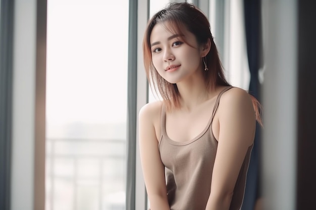 A woman in a tank top smiles at the camera.