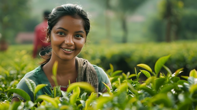 Woman in Tea Plant Field Generative AI