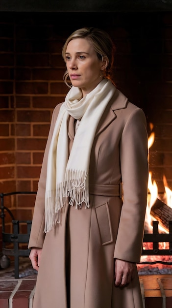 Woman that is standing in front of a fire