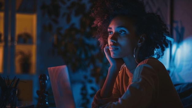 Woman Thinking at Night with Laptop and Blue Light