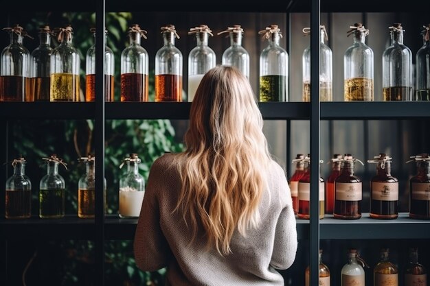 Woman thoughtfully comparing various products in a well stocked supermarket aisle