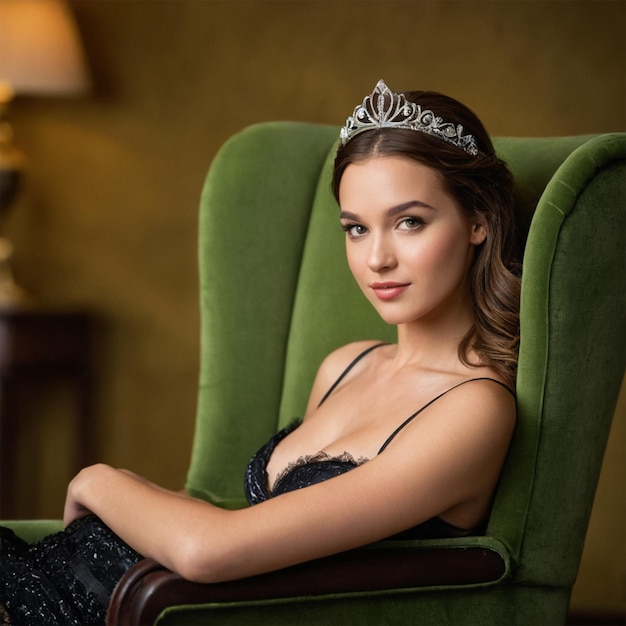 a woman in a tiara sits in a green chair