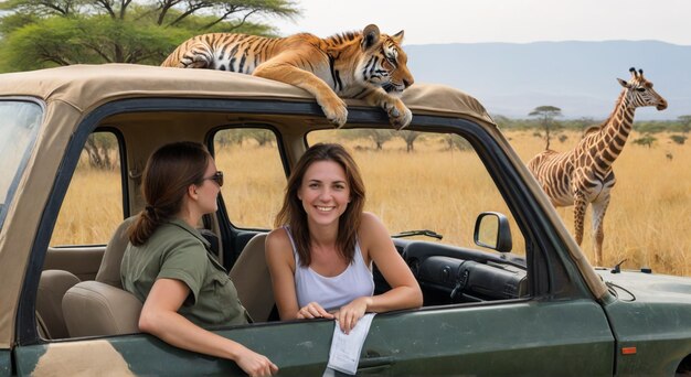 Photo a woman and a tiger are in a car with a tiger on the roof