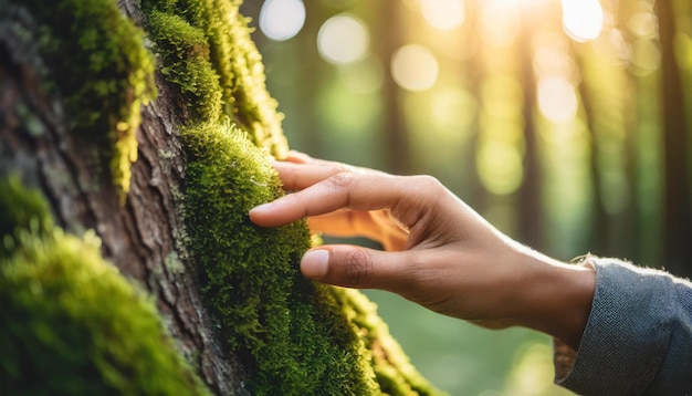 Photo a woman touching a mossy tree with the sun shining through the background