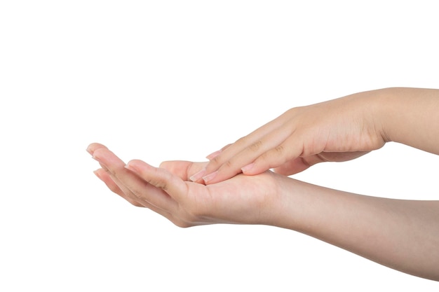 Woman touching the palm of her hand with her fingers making a sign to apply cream with background